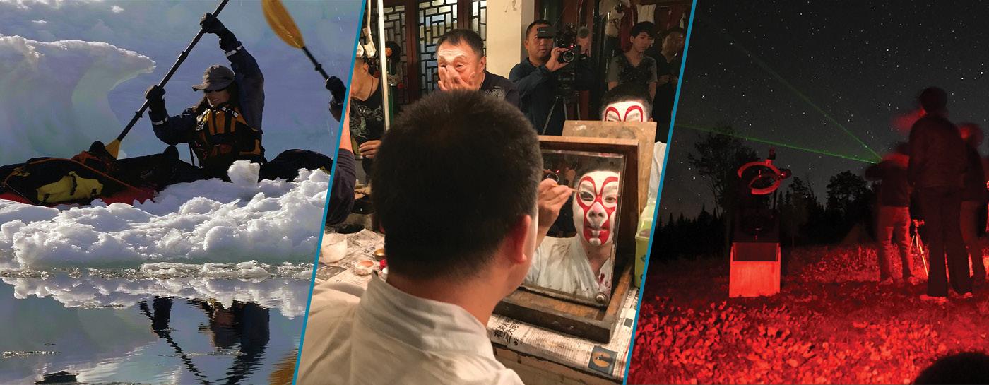 Three program images: kayakers in ice from Beneath the Polar Sun; Peking Opera actors applying makeup from China Frame by Frame, and researchers surveying the night sky from Defending the Dark