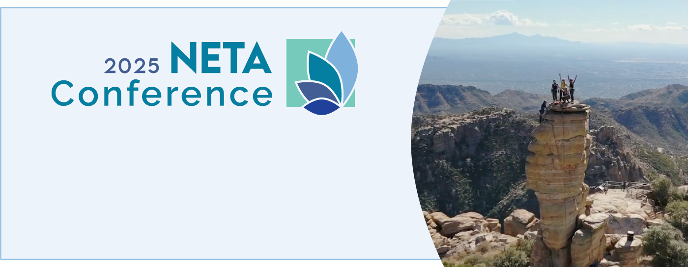 2025 NETA Conference logo. Photo of people on top of a rock tower in Arizona.