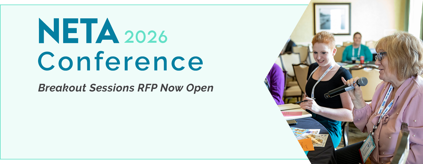 2026 NETA Conference logo. Breakout sessions RFP now open. Photo of two women at a conference table.