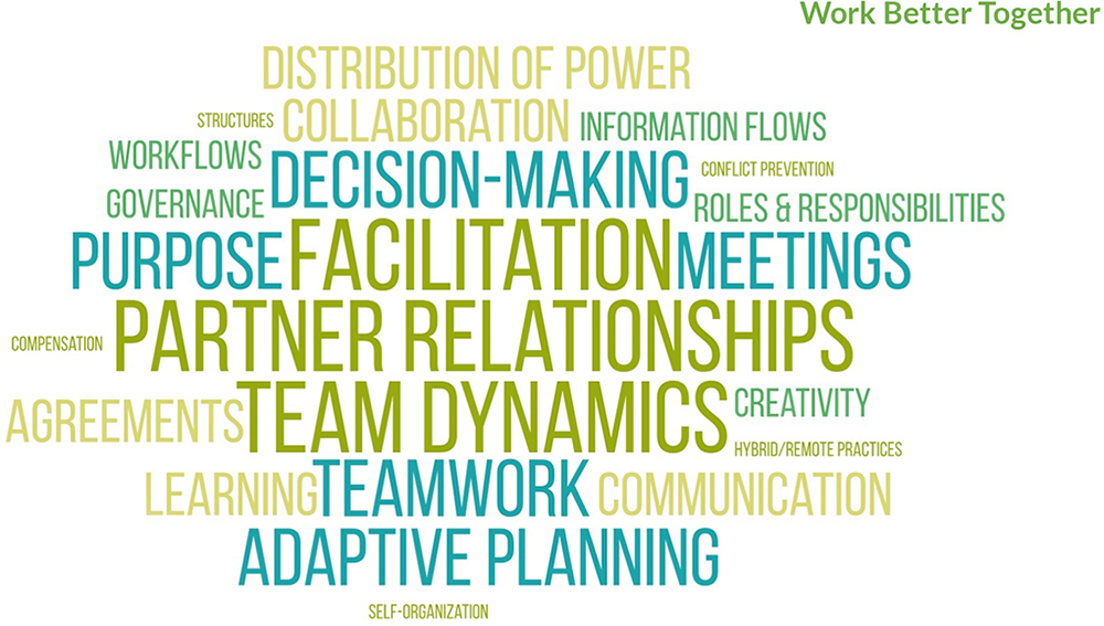 Word Cloud: Working Better Together; Distribution of Power; Structures; Collaboration; Information Flows; Workflows; Governance; Decision Making; Conflict Prevention; Roles & Responsibilities; Purpose; Facilitation; Meetings; Compensation; Partner Relationships; Agreements; Team Dynamics; Creativity; Hybrid/remote Practices; Learning; Teamwork; Communication; Adaptive Learning; Self-Organization