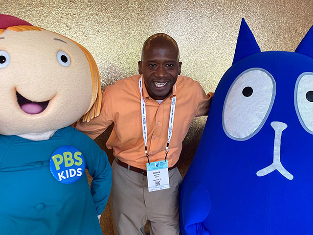 James Abraham with PBS KIDS characters Peg + Cat