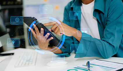 photo of a person holding a tablet over a table with papers with charts & graphs. AI illustrations overlaid