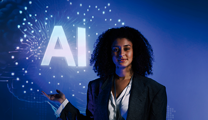 A photo of a woman in front of an illustration of AI with dots and lines