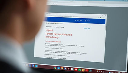 An over the shoulder photo of a computer screen with an email "Urgent: Update Payment Method Immediately"