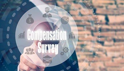 Photo of a man in a suit with a graphic overlay illustration with the words Compensation Survey